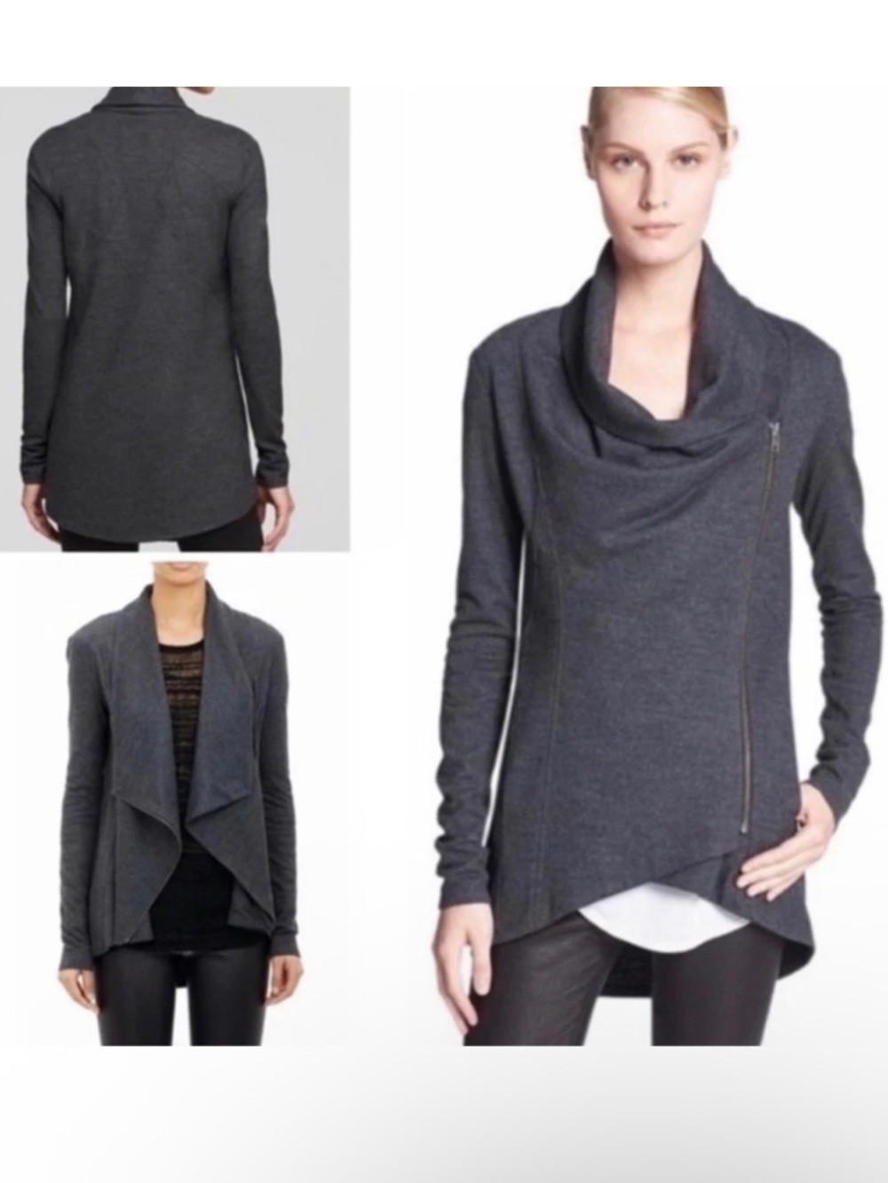 Helmut Lang Gray Wool Asymmetric Zip Jacket Size Medium Cowl Neck Made In USA